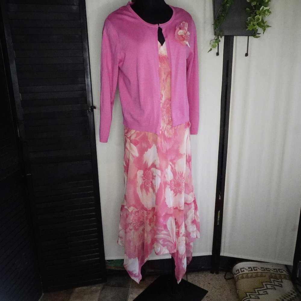 Pink Floral Hanky Hem Dress with Sweater sz 12